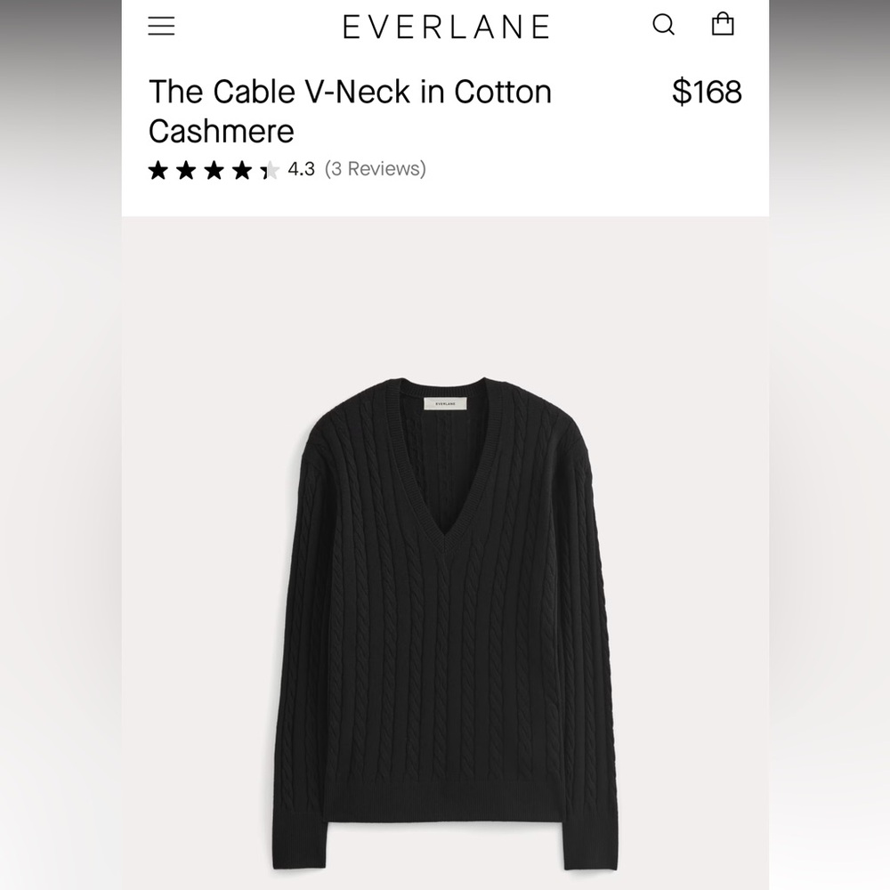 Everlane Black Cable V-Neck in Cotton Cashmere NWT